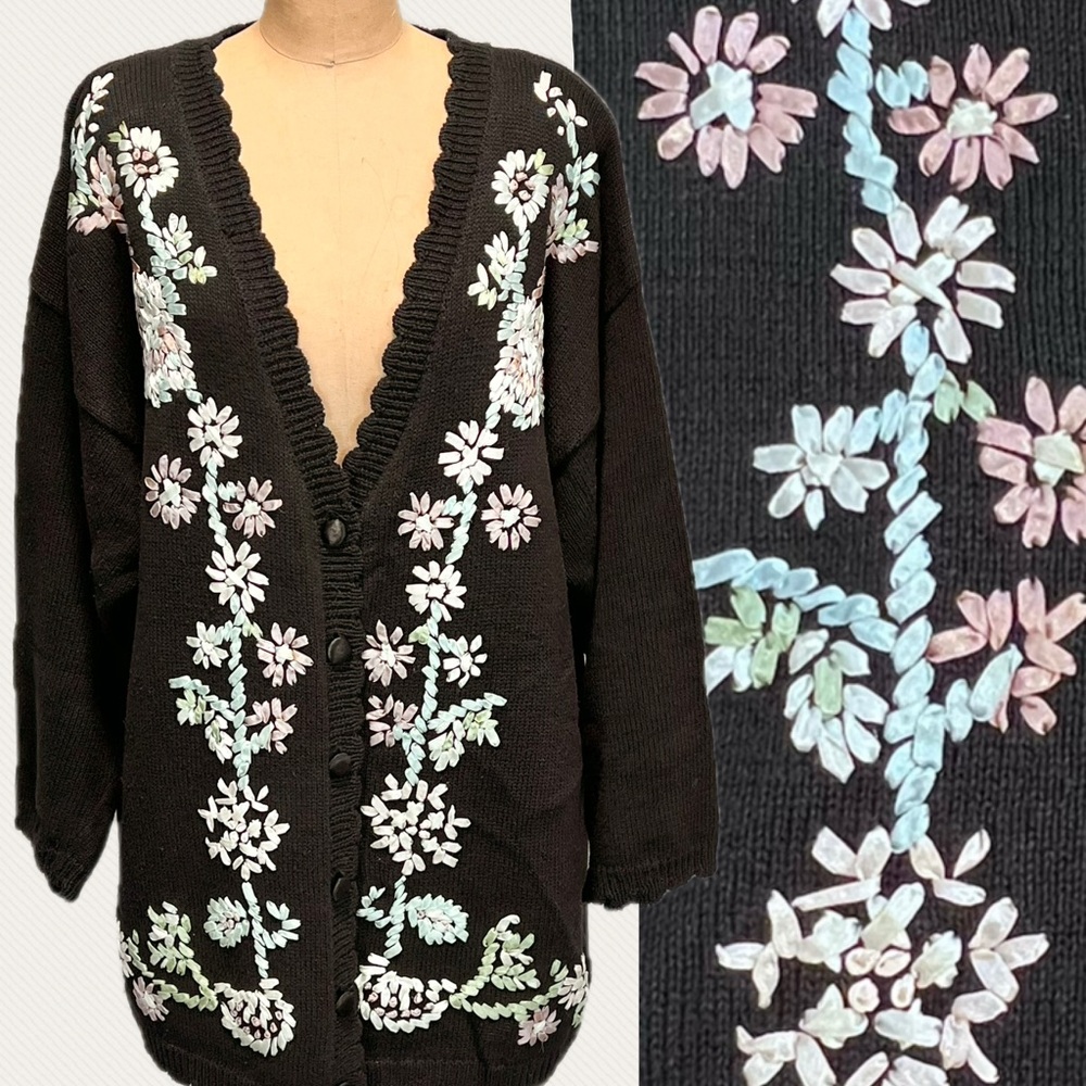 VINTAGE 90s ribbon floral knit sweater cardigan long sleeve‎ tunic cottagecore